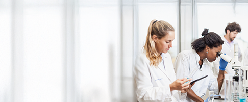 Three people in lab jackets looking into microscopes. 